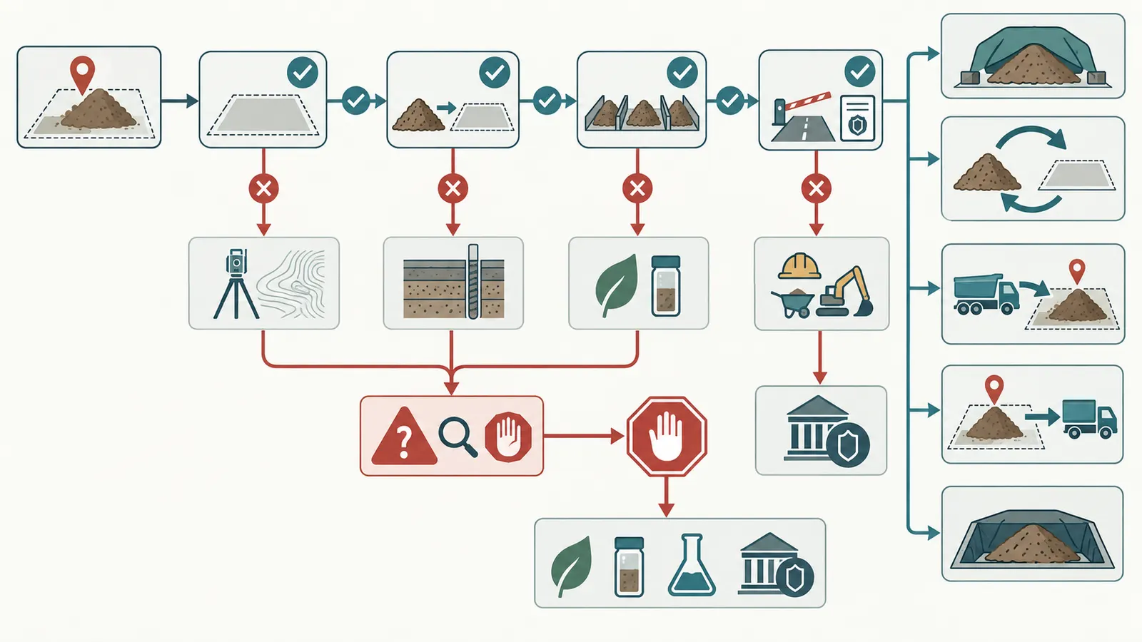 Decision map routing mapped soil to preserve, reuse, import, export, or isolate after use and risk checks.