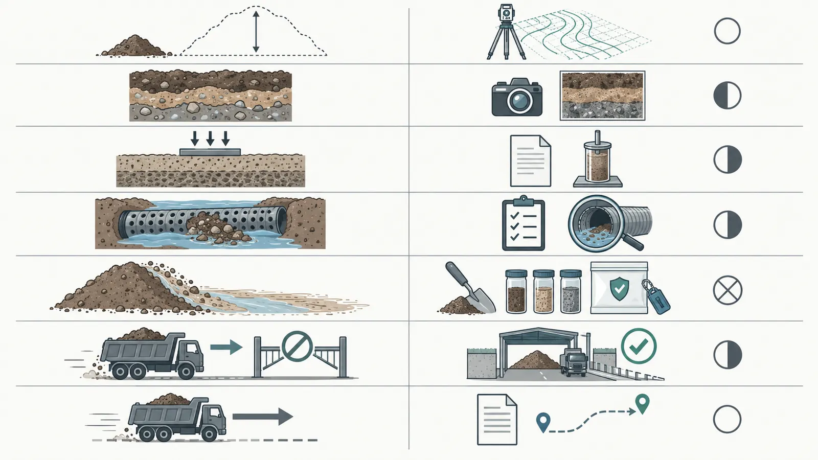 Evidence matrix matching soil risks with surveys, photos, tickets, tests, inspections, and their limits.