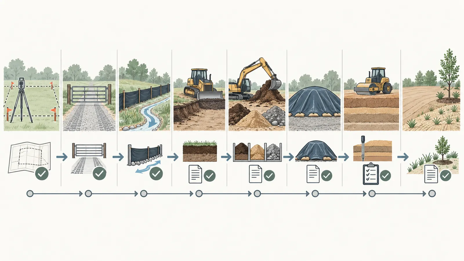 Eight-step soil-handling sequence from survey and controls through segregation, placement, grade verification, and stabilization.