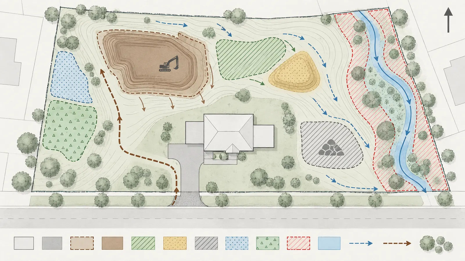 Annotated vacant-lot plan showing T-01, H-01, D-01, F-01, S-01, X-01, drainage, access, and no-go areas.