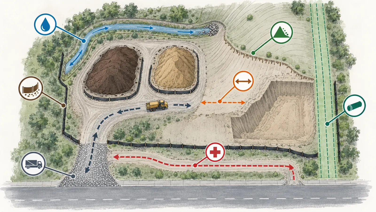 Illustrative stockpile site diagram showing drainage, slope, traffic, separation, stability, and removal-sequence constraints.