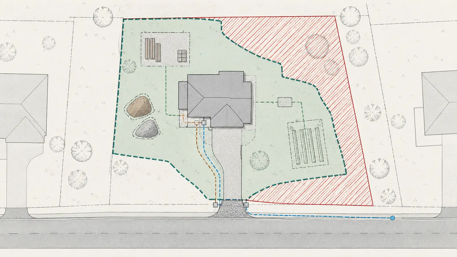 Plan overlay comparing the approved disturbance boundary with house, driveway, utilities, staging, and off-site work