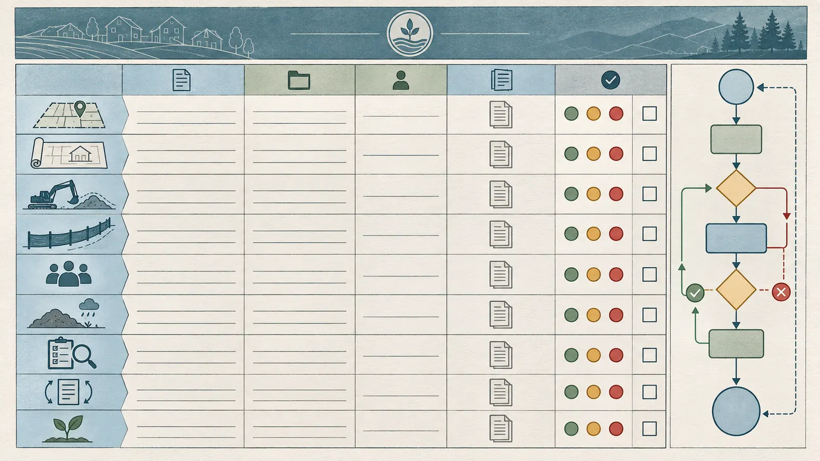 Worksheet-style register showing green, amber, and red evidence gates for lot coverage and construction handoff