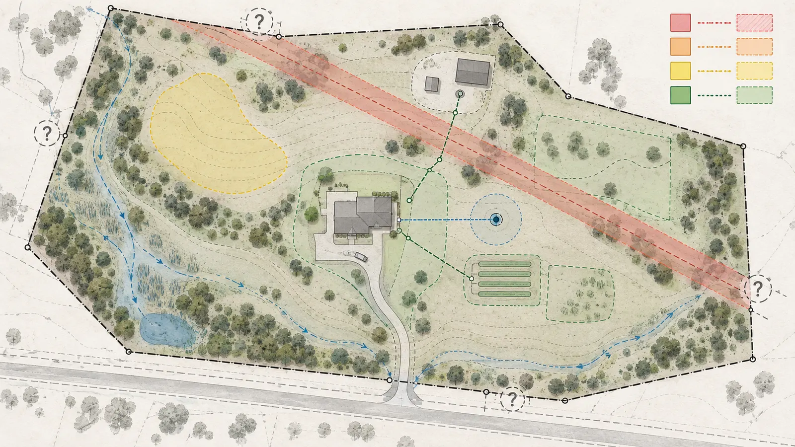 Illustrative site overlay with a house, driveway, septic reserve, well, utilities, future expansion, and an easement corridor marked red, amber, yellow, or green for review.