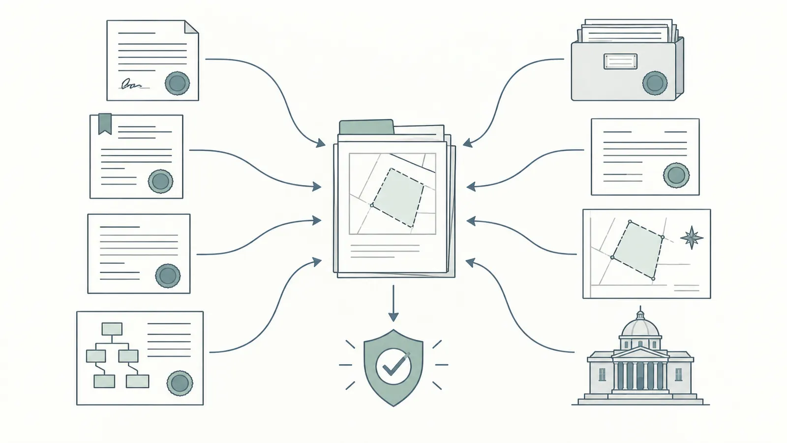 Diagram linking the contract, vesting deed, parent-tract records, title commitment, survey, and county recording jurisdiction to one Texas parcel identity.