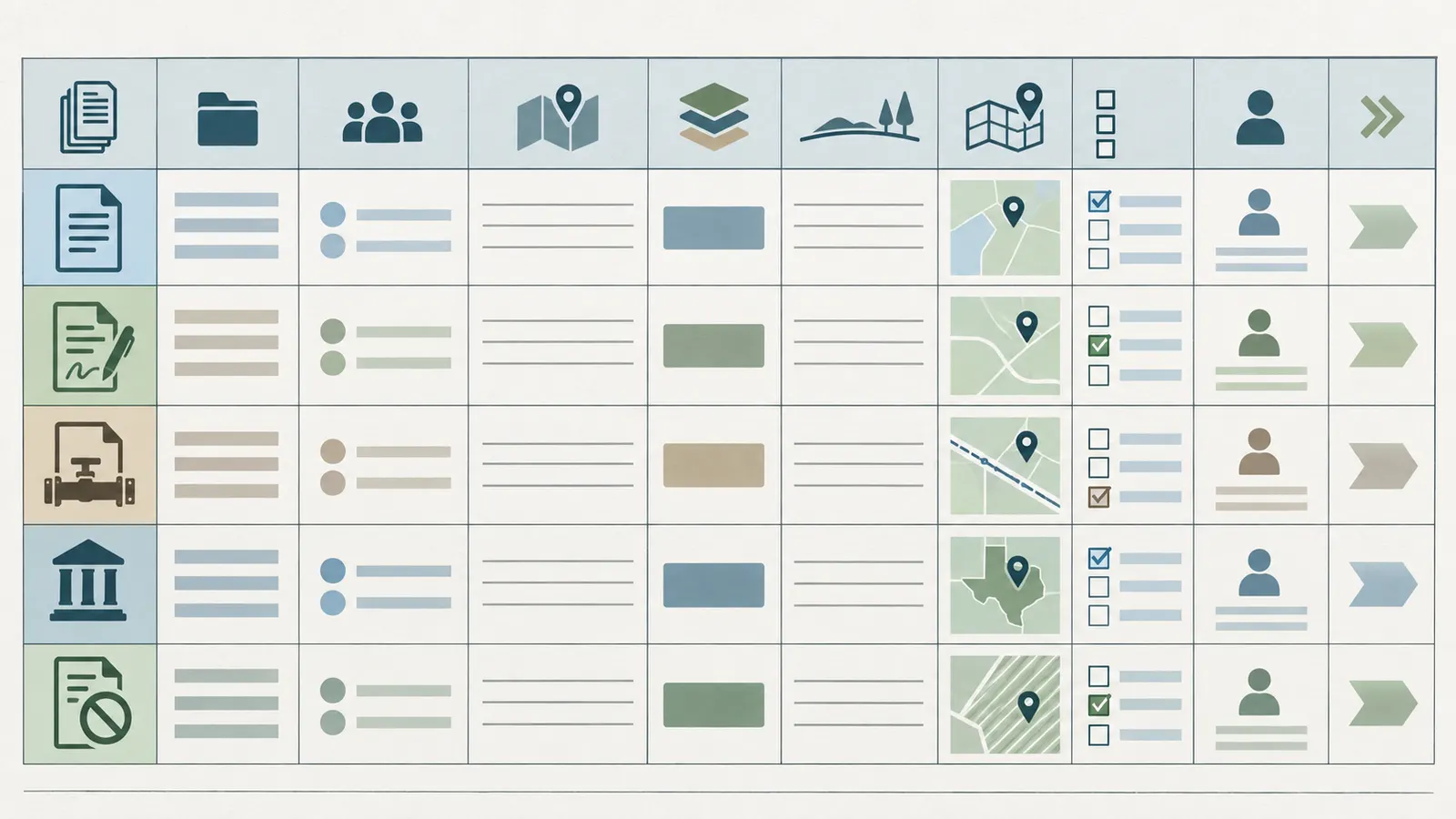 Structured ledger comparing surface estate, mineral interests, leases, easements, restrictions, agency records, reviewers, and next decisions.