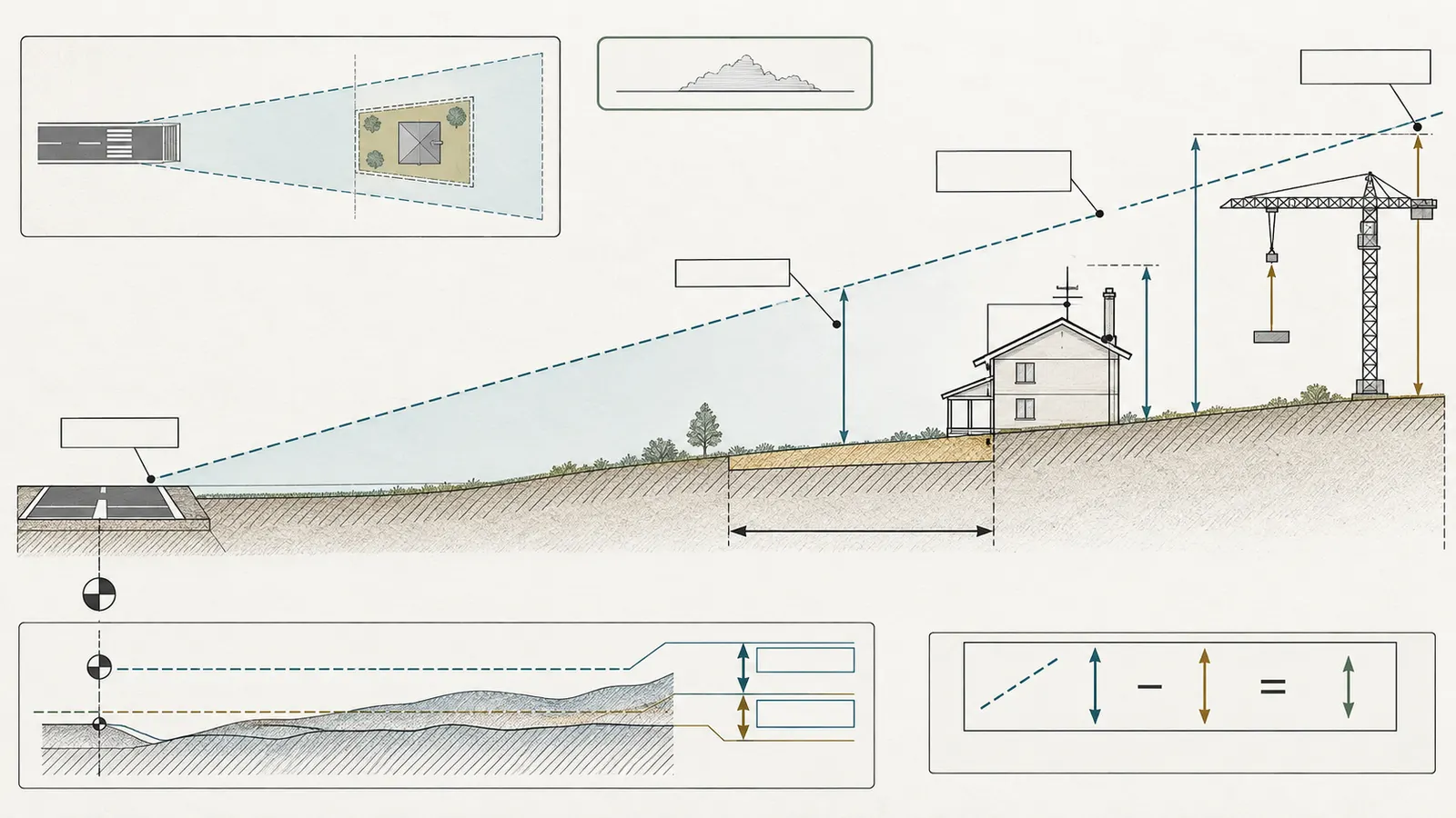 Profile diagram comparing runway reference, surveyed ground, house high points, and an illustrative airport height surface