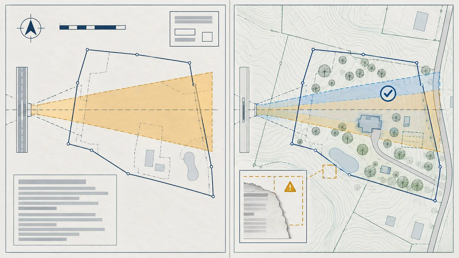 Side-by-side comparison of a recorded avigation easement exhibit and current survey overlay with missing and aligned records marked