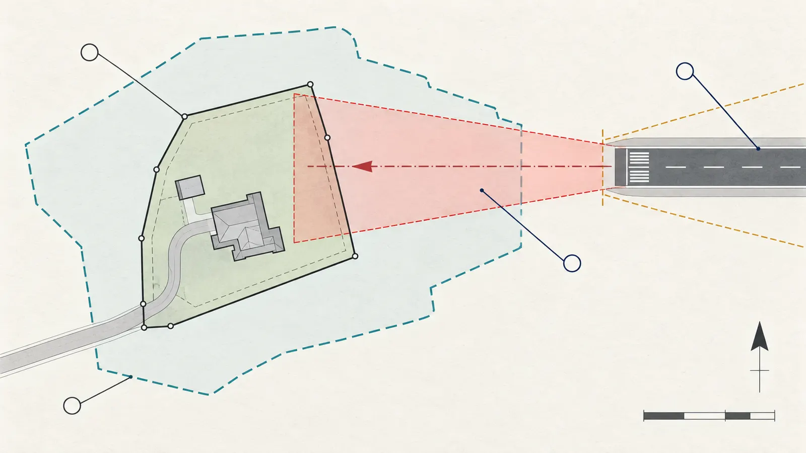 Annotated vacant-lot plan layering the parcel, proposed house envelope, runway protection zone, height surface, and local overlay