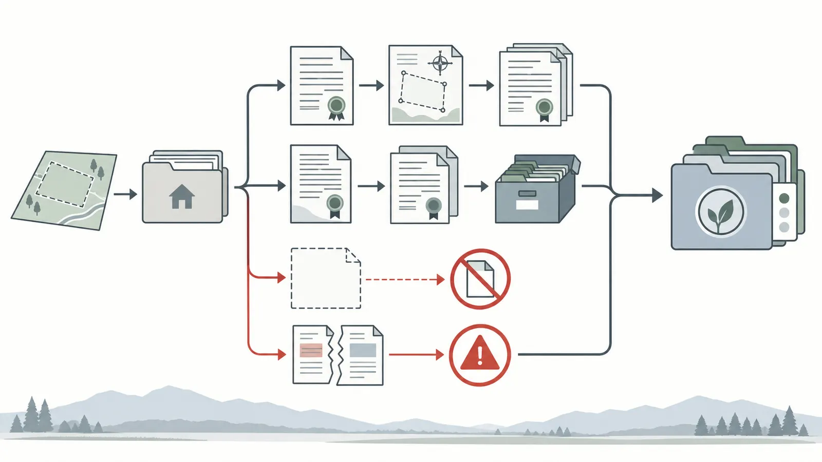 Document chain linking the title commitment, conservation easement, exhibit, amendments, and county records before a house-site decision