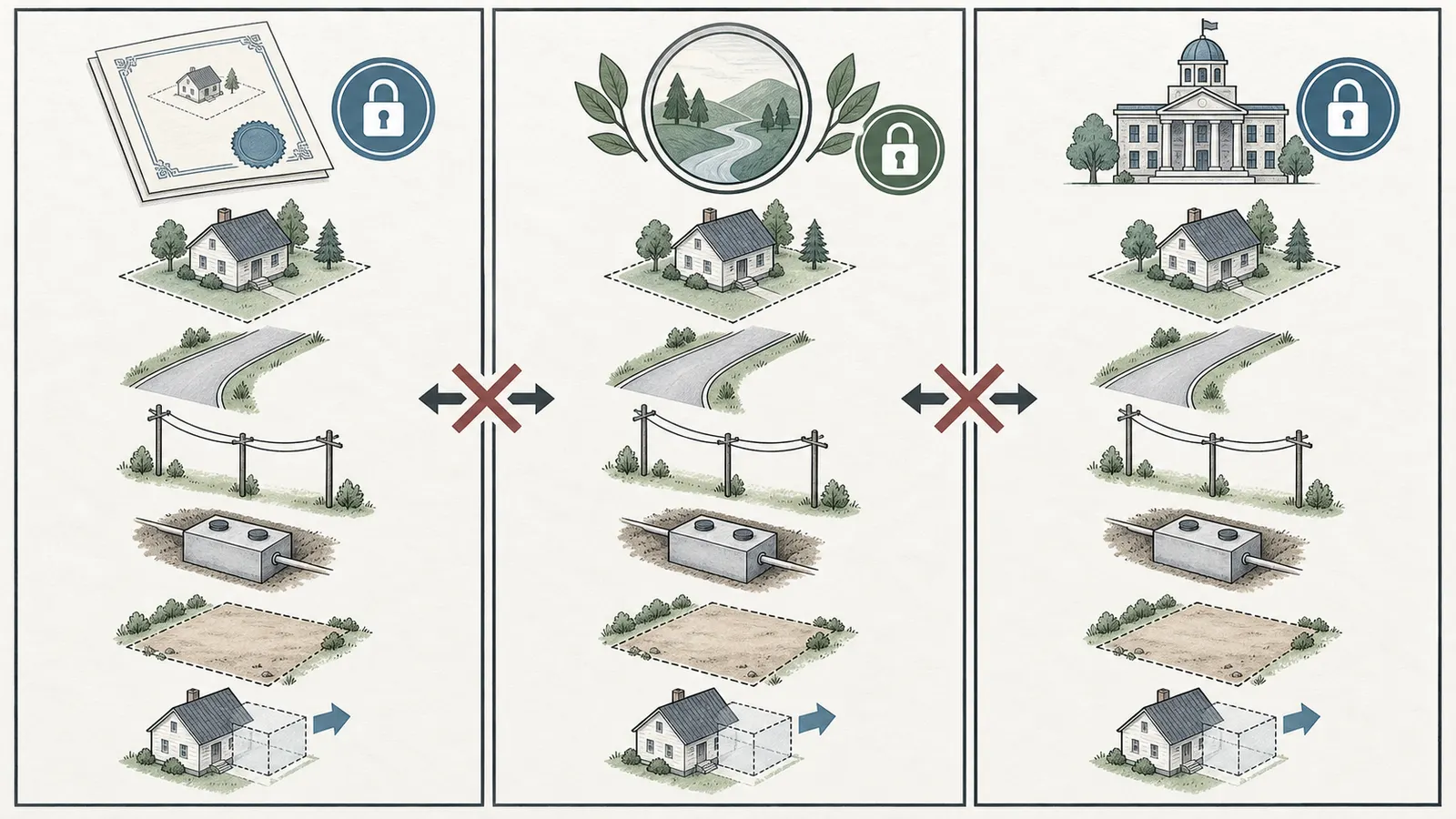 Three-column comparison separating recorded easement permission, holder consent, and Boulder County public approval for a proposed home