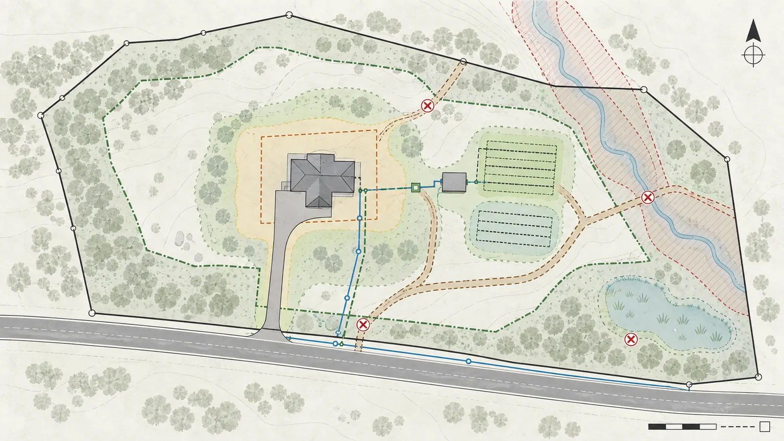Concept site overlay showing a house footprint with access, water, wastewater, utilities, grading, clearing, and temporary construction corridors