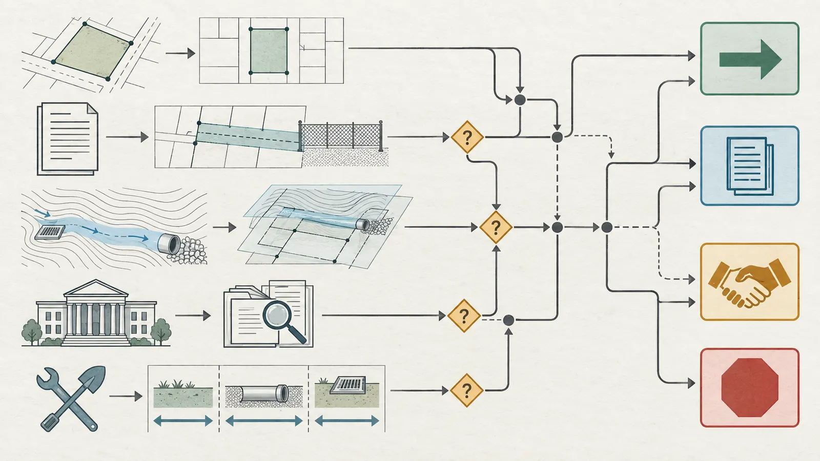 Decision map linking parcel records, easement rights, facility evidence, acceptance and maintenance duty