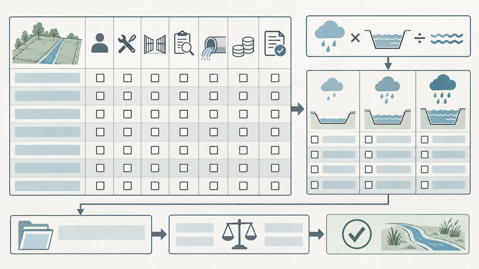 Drainage-obligation ledger workflow from facility row evidence to illustrative maintenance reserve sensitivity