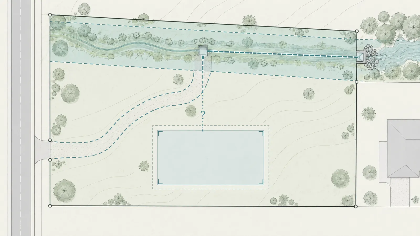 Illustrative parcel plan overlay showing lot boundary, drainage easement, swale, pipe, outfall and proposed home envelope