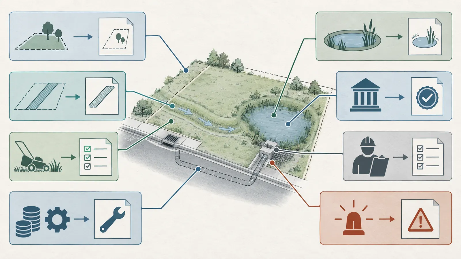Responsibility stack separating landowner, facility owner, easement holder, inspector, maintainer and repair payer