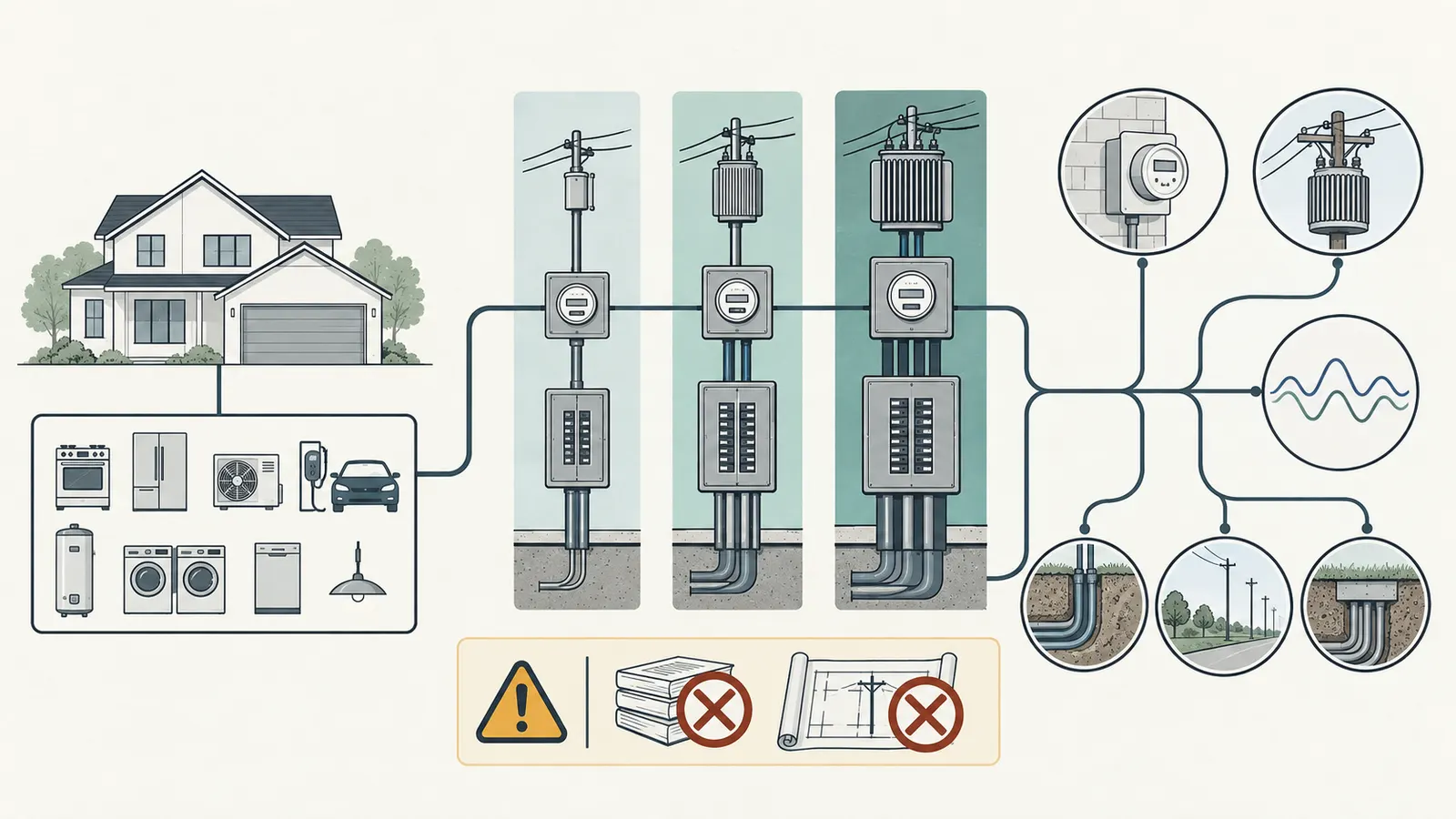 Diagram showing how home load scenarios can change electric service design inputs