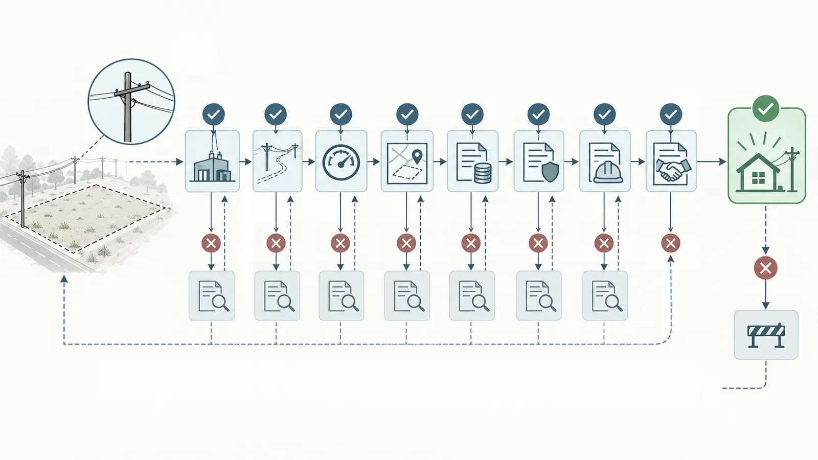 Decision map from nearby electric evidence to a conditional service commitment