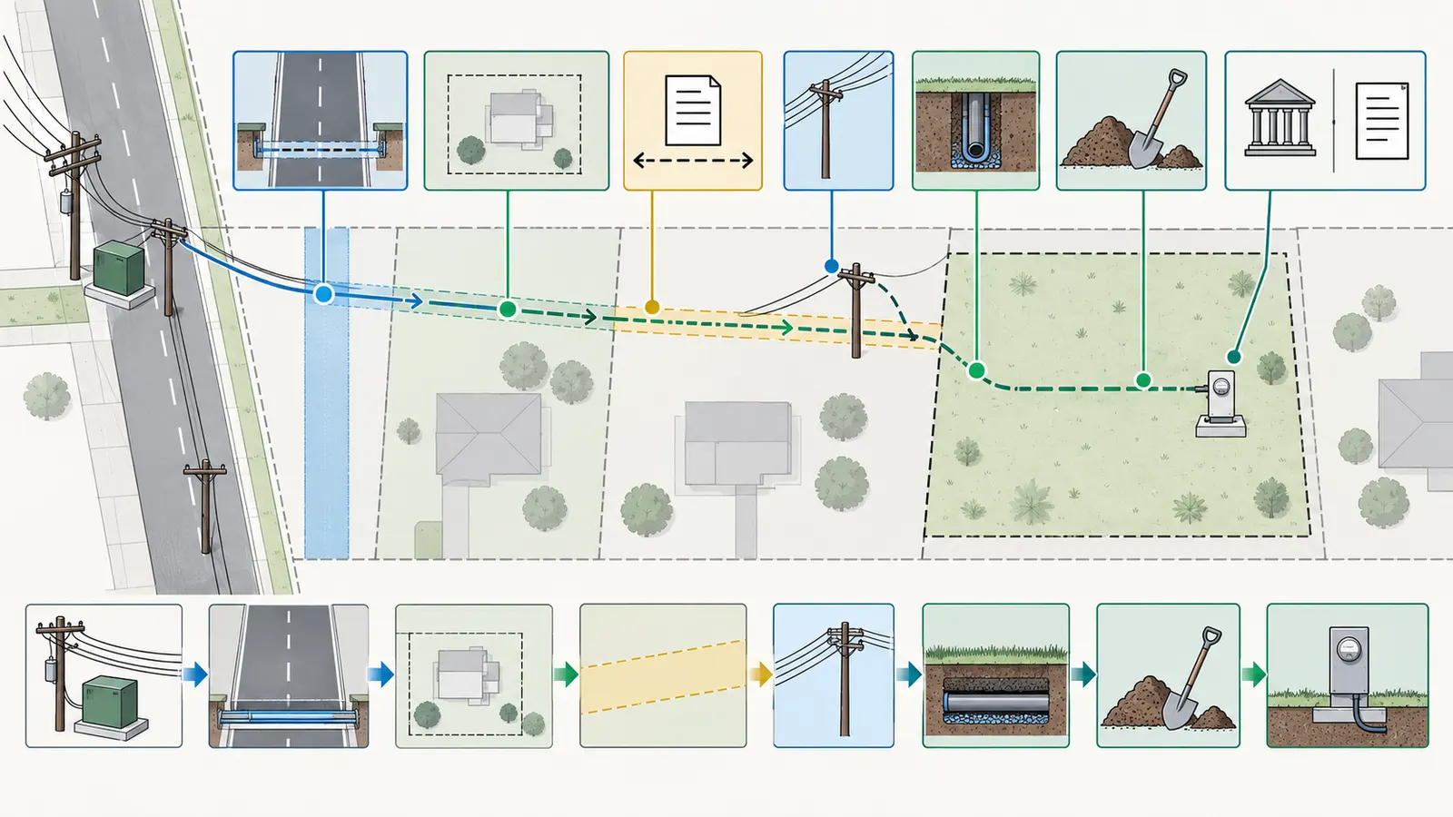 Route diagram linking the utility source, delivery point, easement, and permit authorities