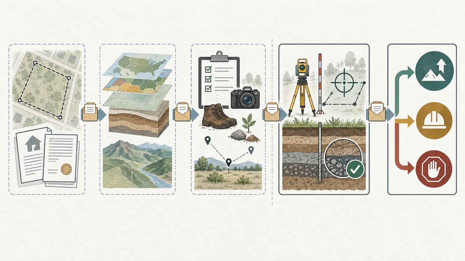 Decision map from parcel records and screening clues to survey, geotechnical verification and a proceed, contingency or stop decision.