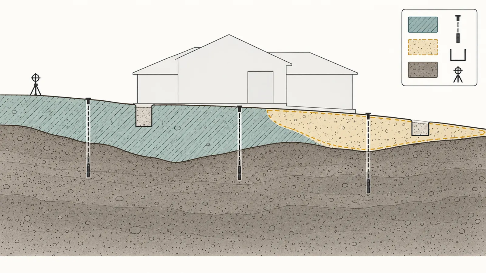 Cross-section of a proposed house pad over variable fill, native soil and investigation points, showing documented and unknown zones.