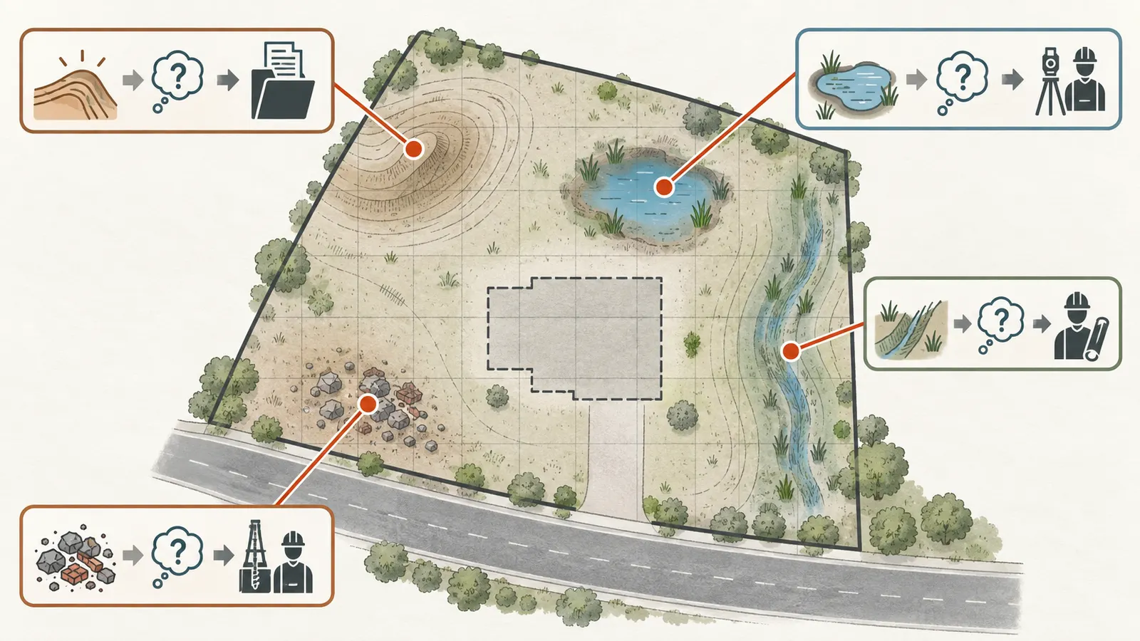 Annotated vacant-lot observation grid linking a mound, ponding, depression and debris clue to the professional question each requires.
