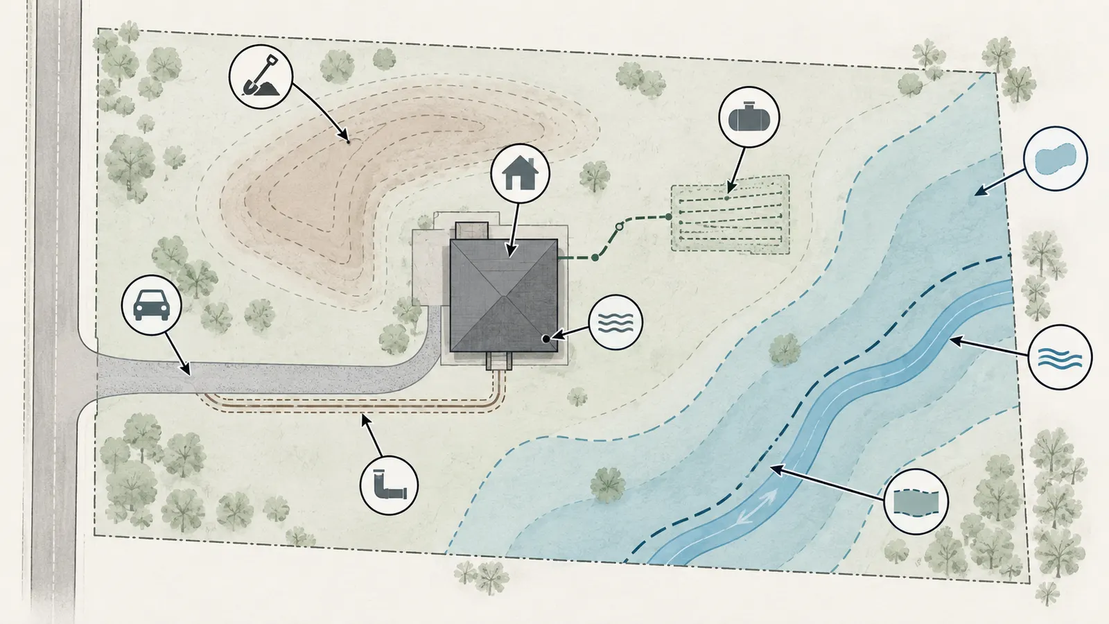 Vacant parcel concept plan showing house, driveway, utilities, septic, grading, and floodway review areas