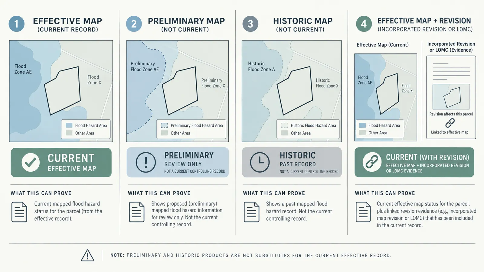 Comparison of effective, preliminary, historic, and revised FEMA map evidence for one parcel