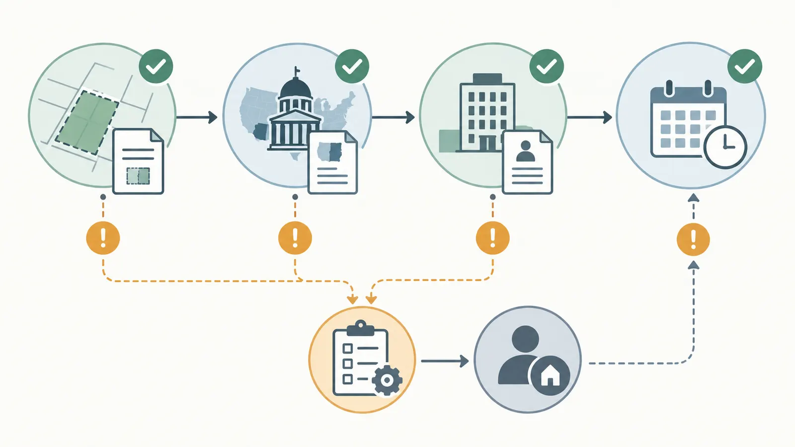 Decision map connecting a vacant parcel to its legal community, floodplain authority, and purchase deadline