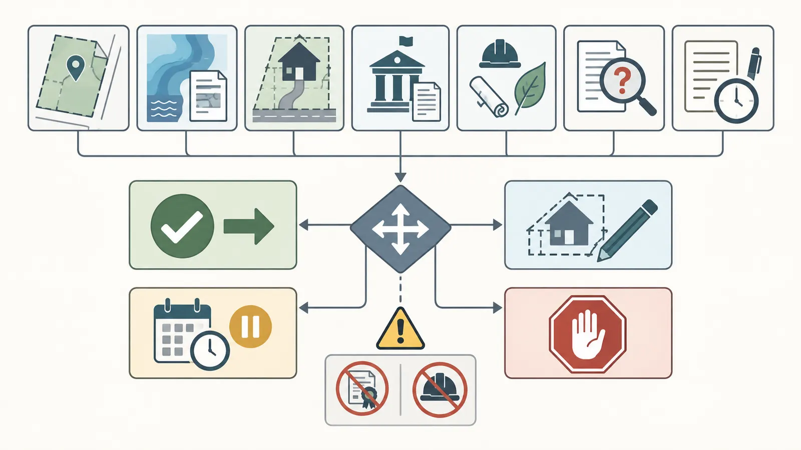 Evidence gate leading from verified floodplain records to proceed, redesign, extend contingency, or reject