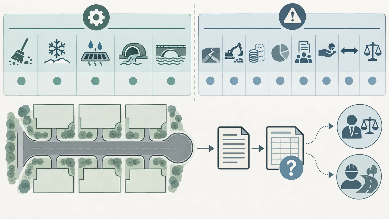 Comparison diagram of private-road maintenance duties, cost allocation, reserves, and repair triggers
