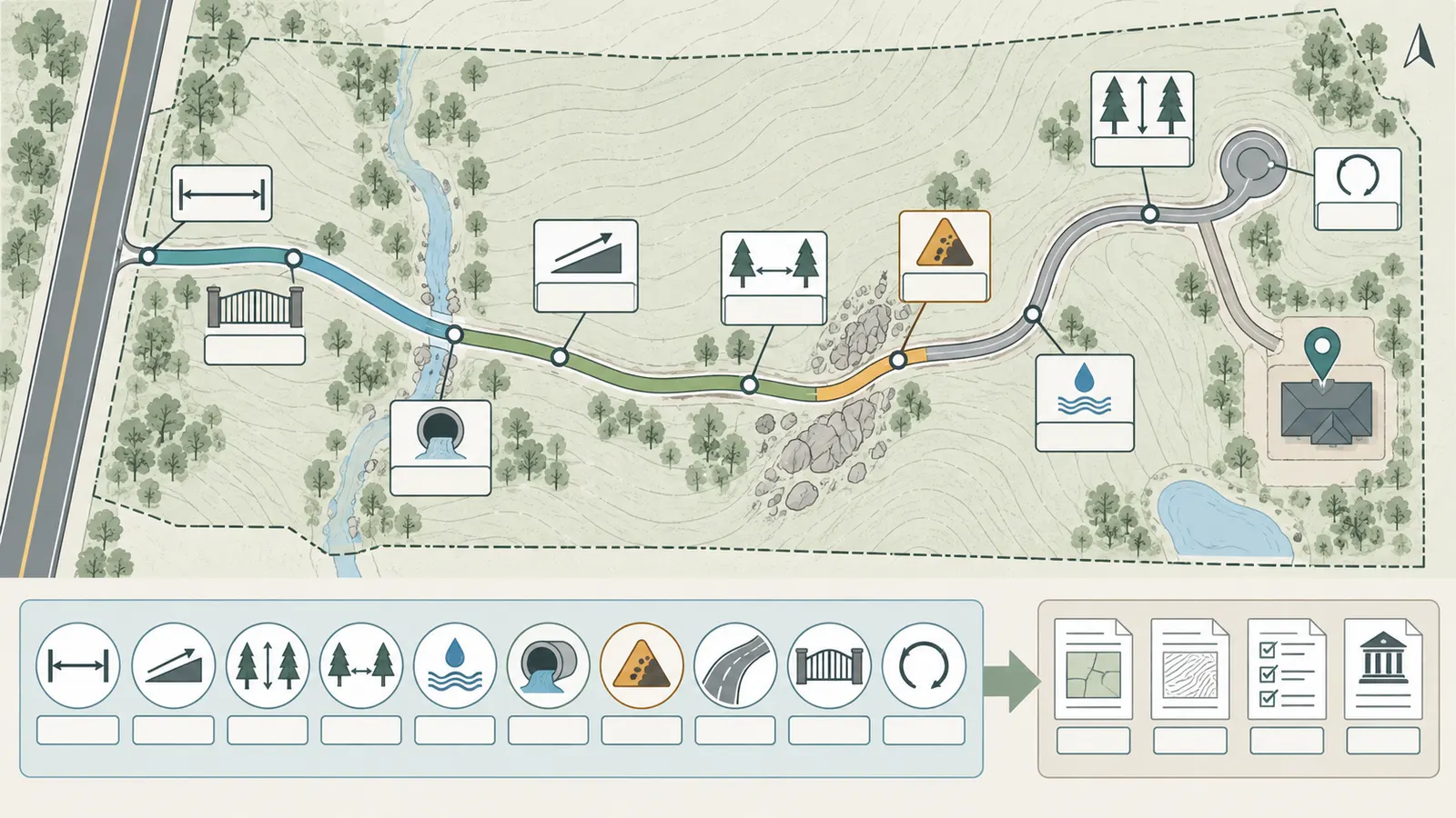 Road evidence diagram showing measured route segments, drainage, grade, clearance, turning space, and emergency review