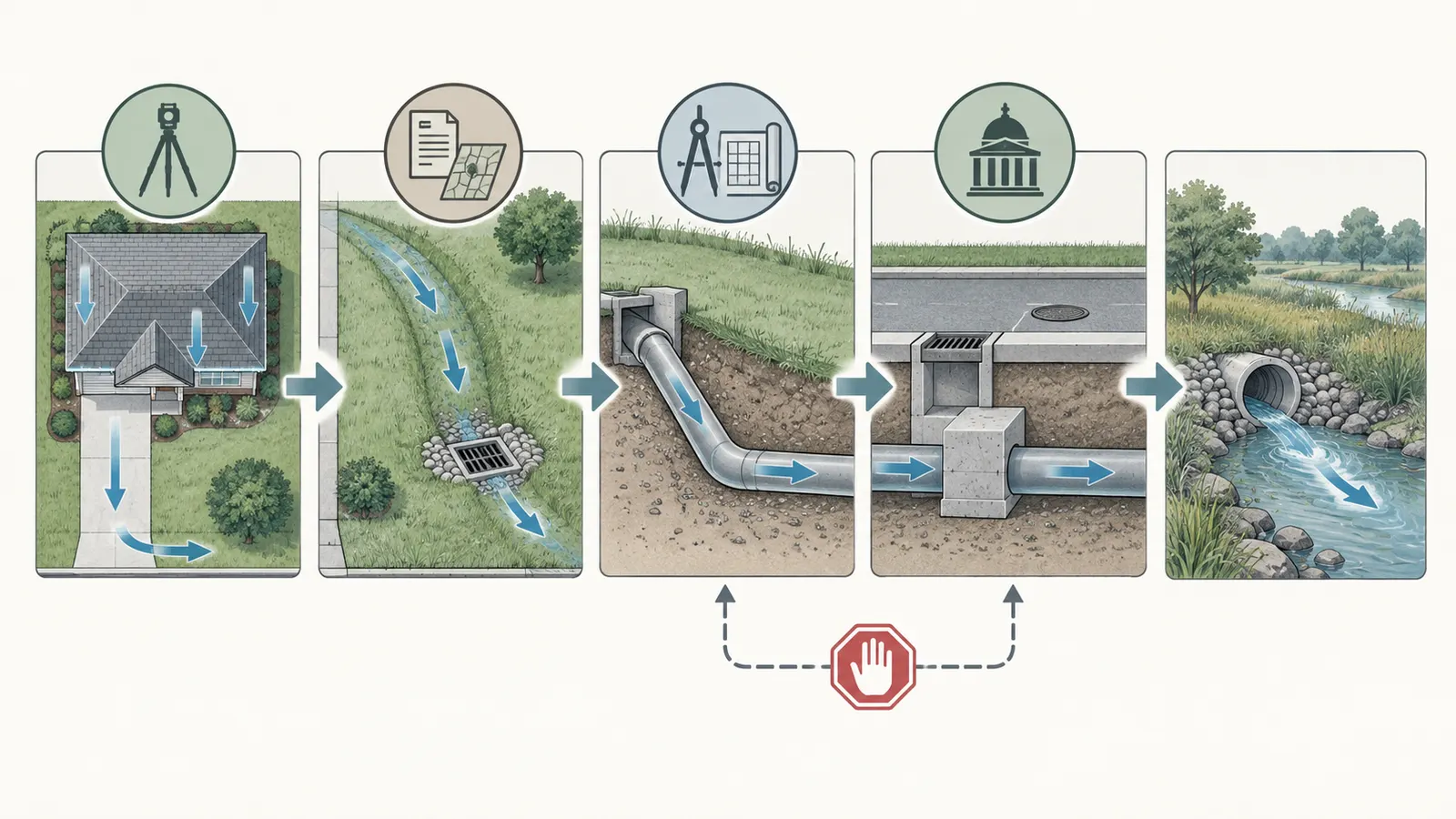 Numbered L1 through L5 stormwater segments with safe observation points and professional handoffs