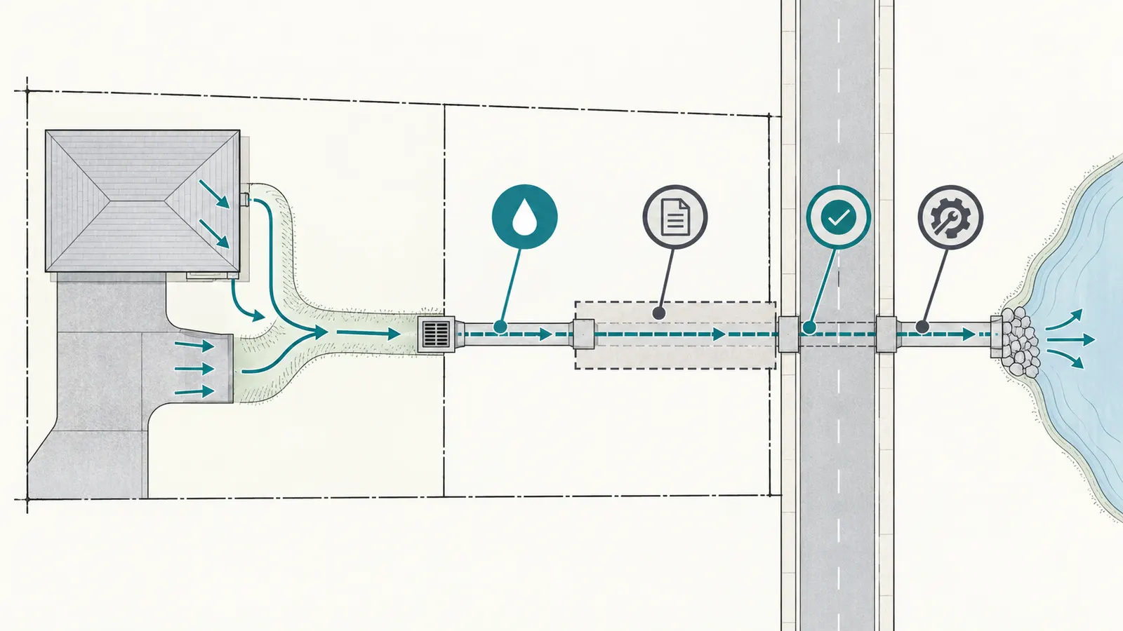 Technical stormwater chain from a proposed home to a receiving feature with evidence checkpoints