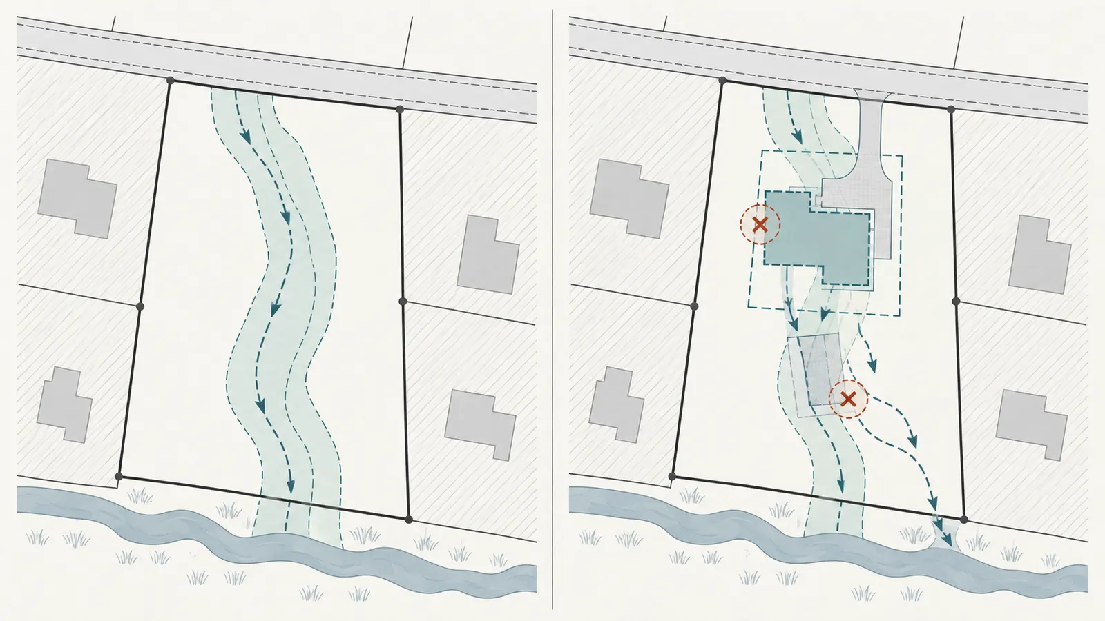 Recorded plat information compared with a preliminary homesite and drainage concept overlay