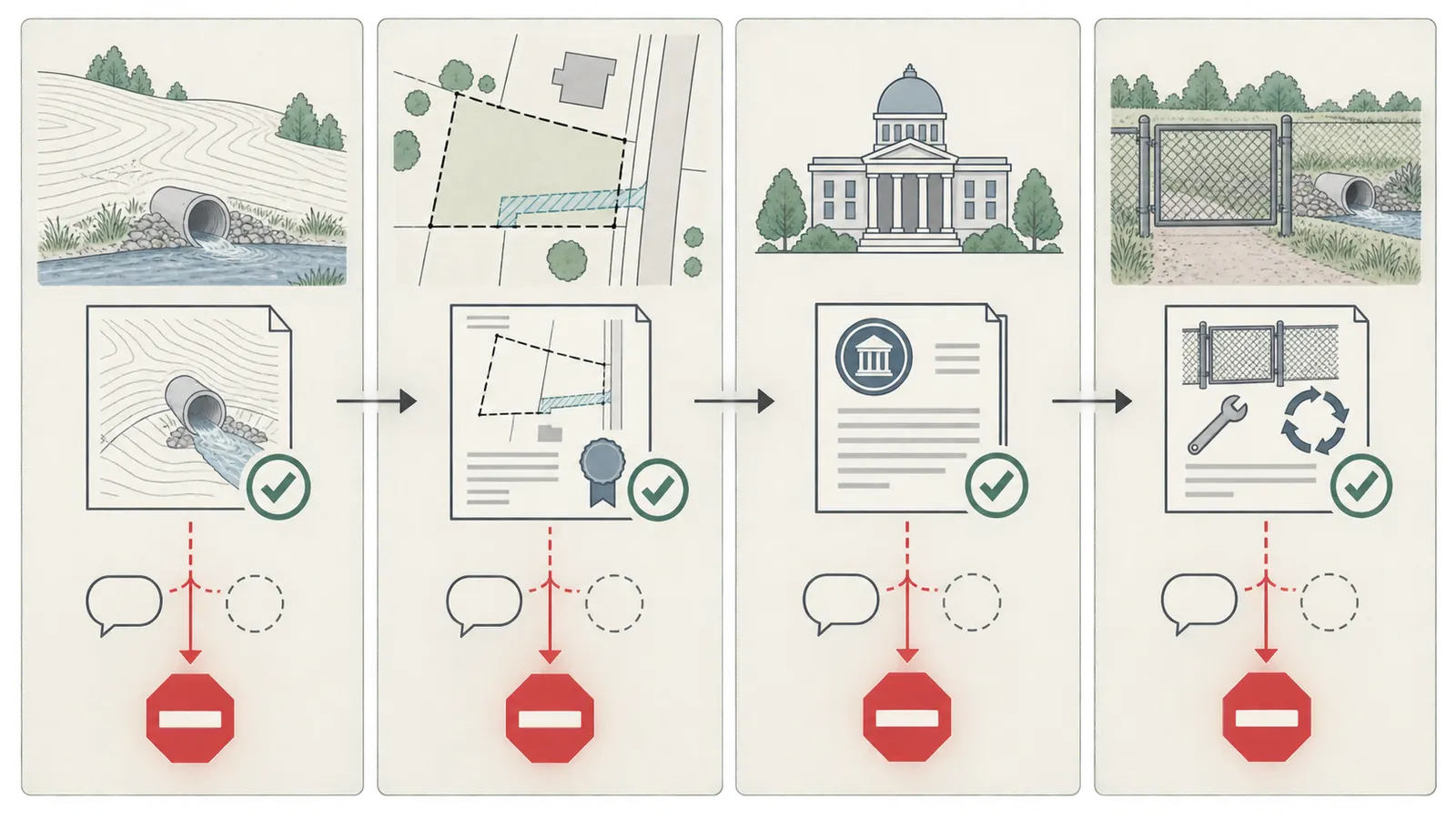 Decision map separating physical feasibility, recorded rights, approval path, and maintenance owner