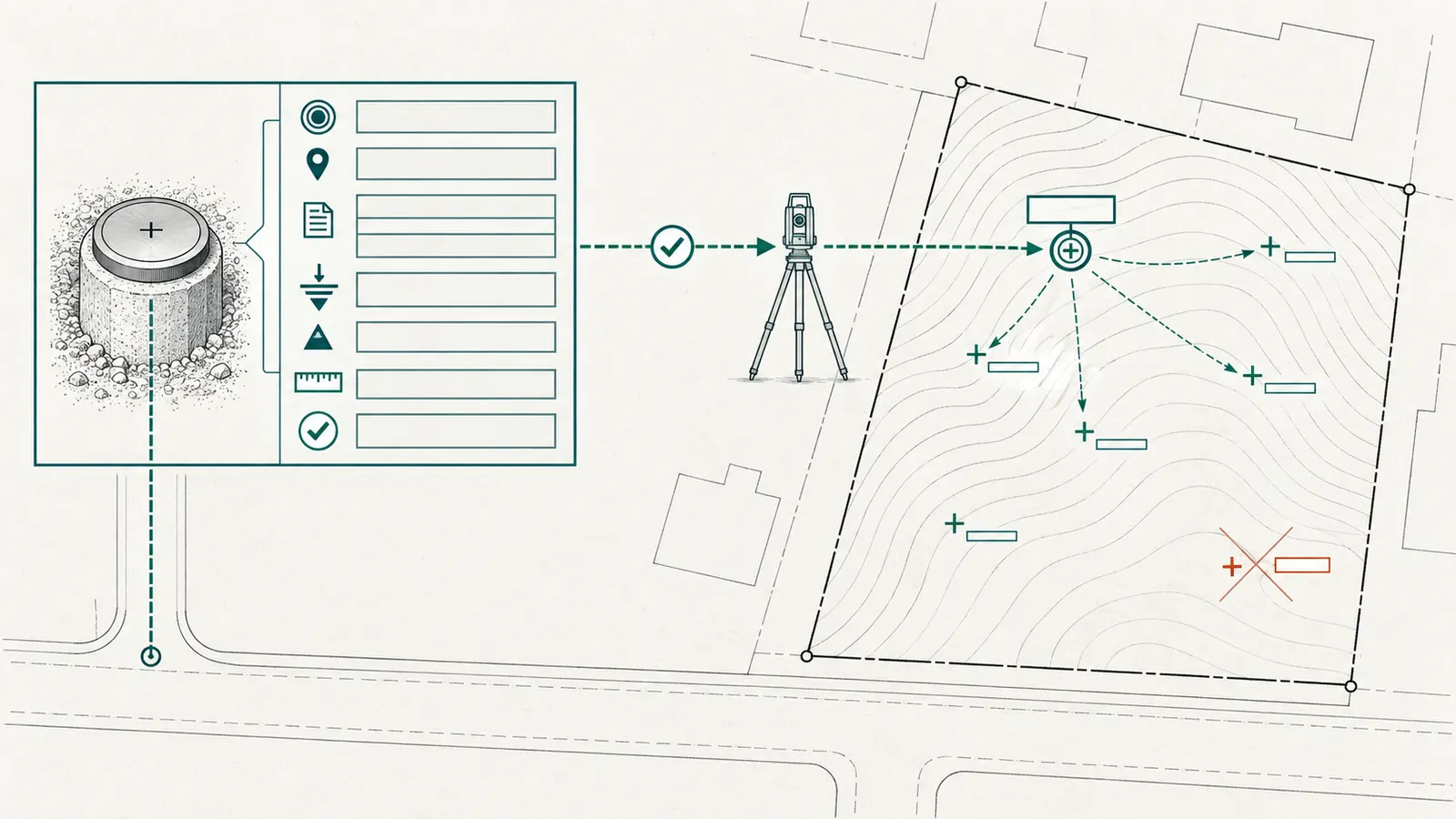 Diagram linking a survey benchmark and temporary benchmark to a stated vertical datum, units and elevation notes.
