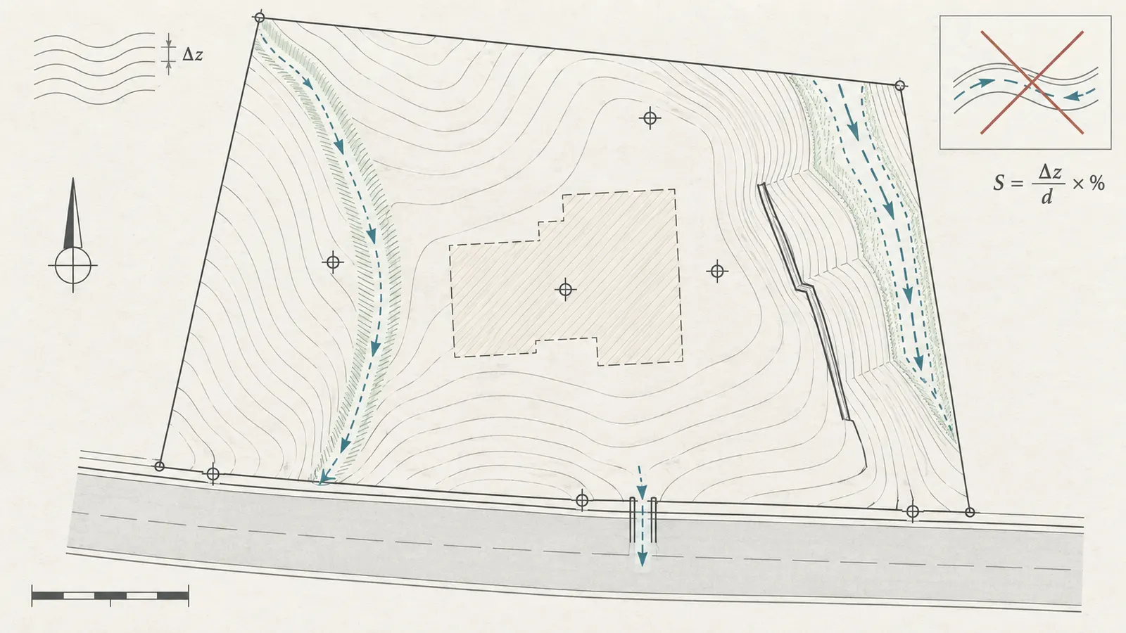 Topographic plan diagram showing contours, spot elevations, grade breaks, drainage clues and a preliminary house zone.