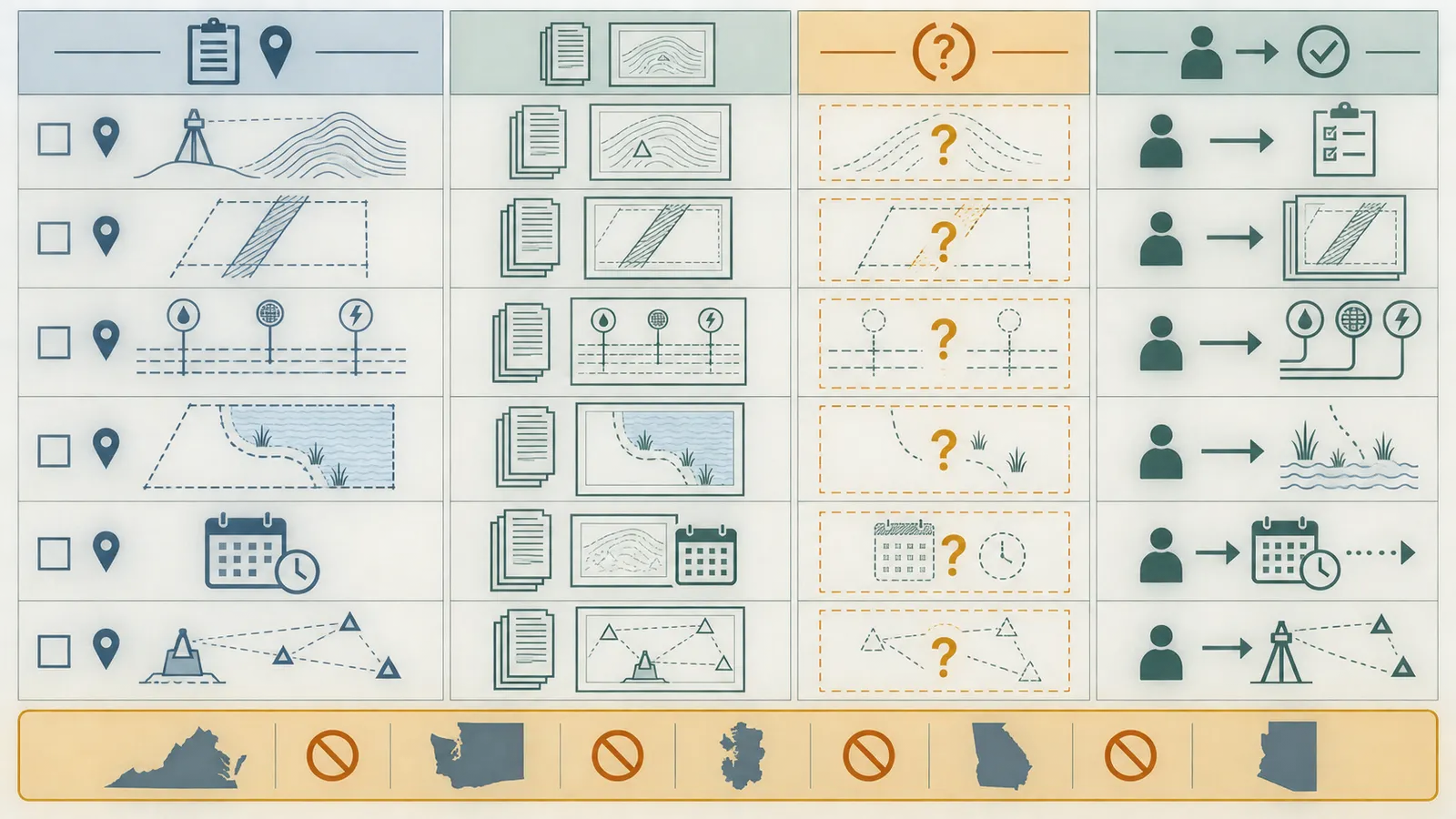 Comparison board mapping local site-plan requirements to survey evidence, open questions and responsible professionals.