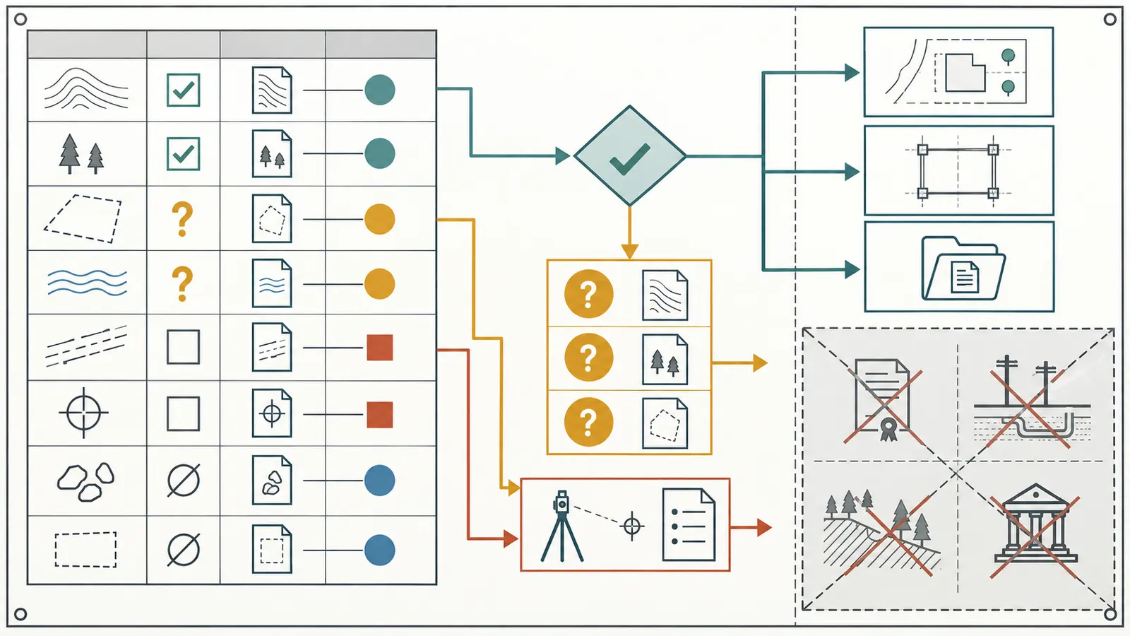 Worksheet triage map routing confirmed, unclear and missing survey items to release, clarification or supplemental work.
