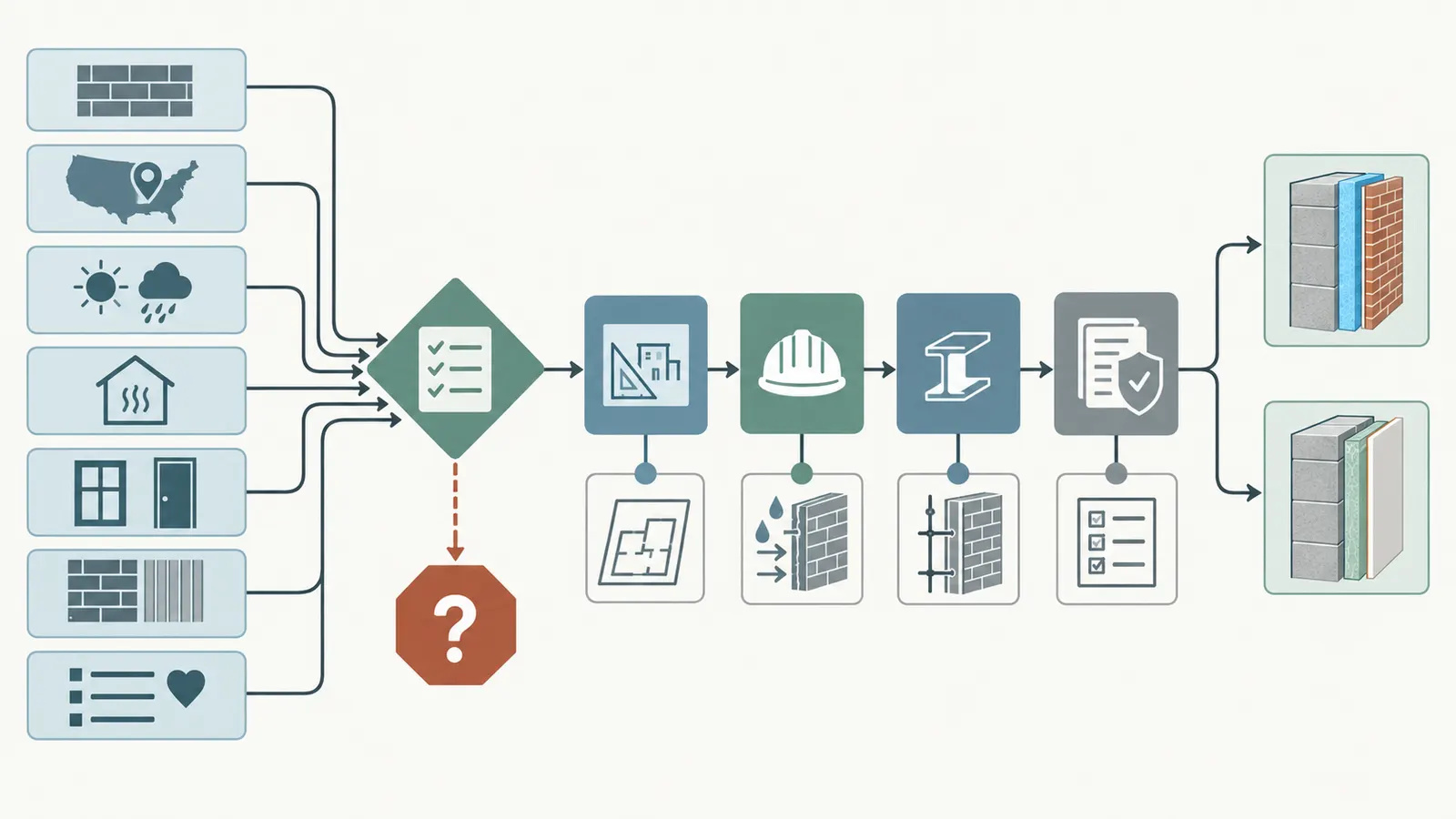 Decision map connecting wall classification, jurisdiction, climate, exposure, and owner priorities to the insulation handoff