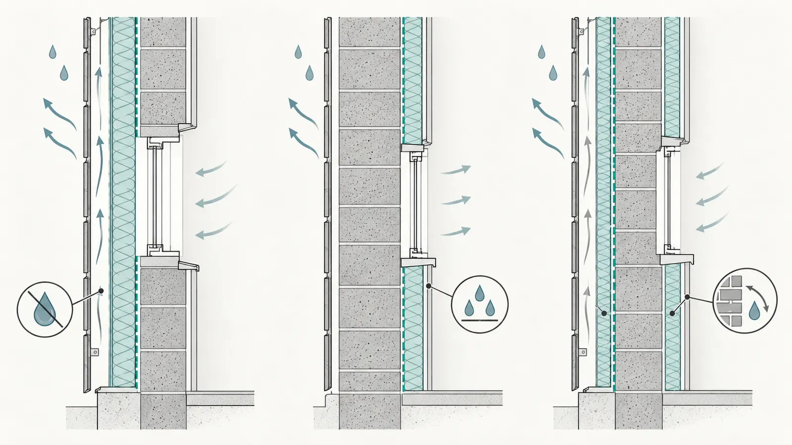 Three labeled masonry wall sections comparing exterior, interior, and hybrid insulation placement