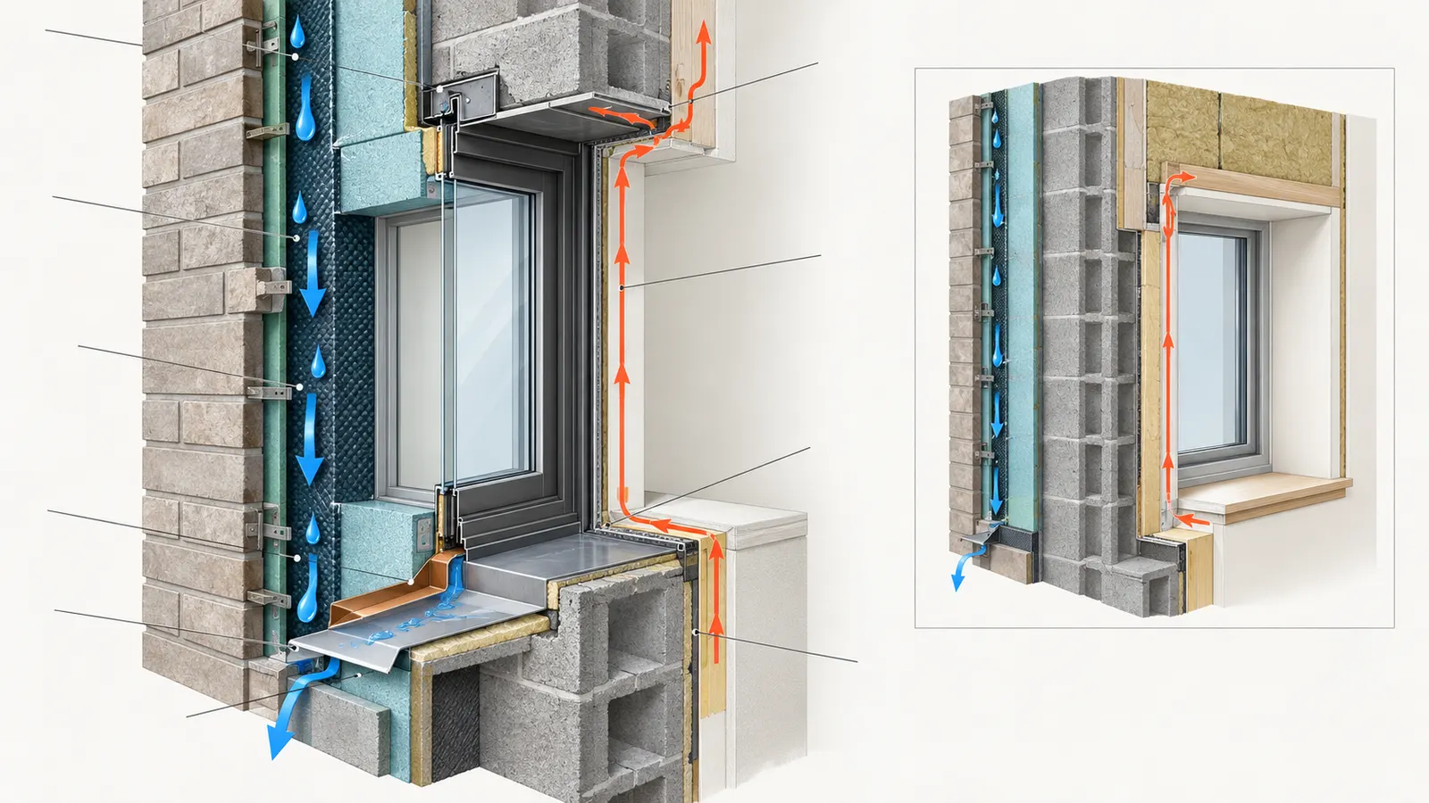 Masonry wall window cutaway showing insulation returns, sill flashing, drainage plane, cavity, and exterior discharge