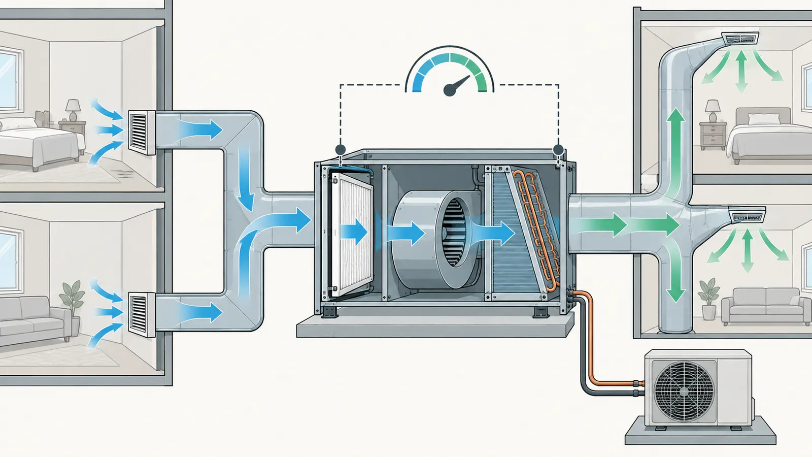 A ducted heat-pump airflow path showing the return filter, air handler, blower, coil, and supply branches.