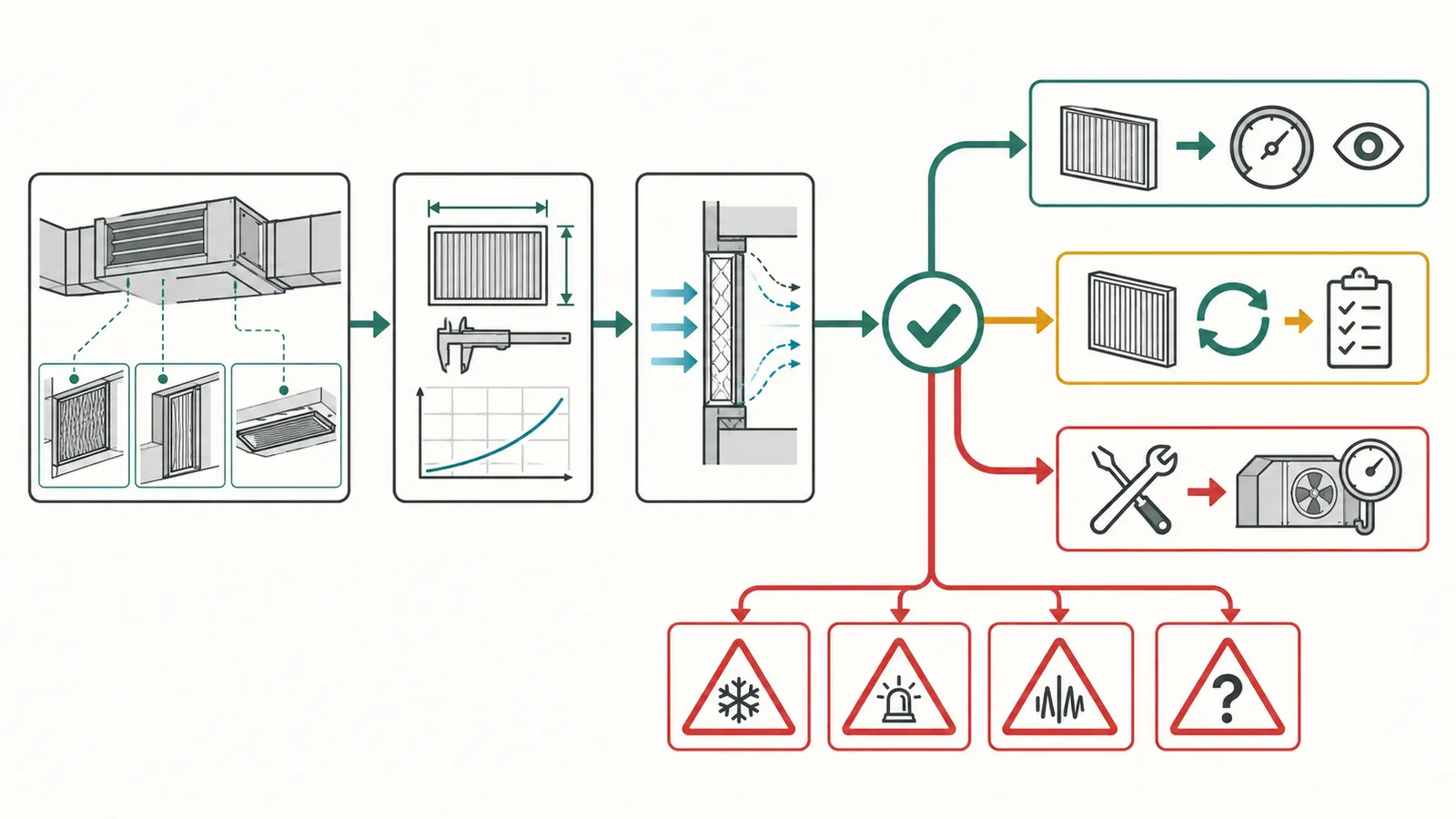 A decision map from equipment records and filter data to install, monitor, stay with the verified filter, or hand off.