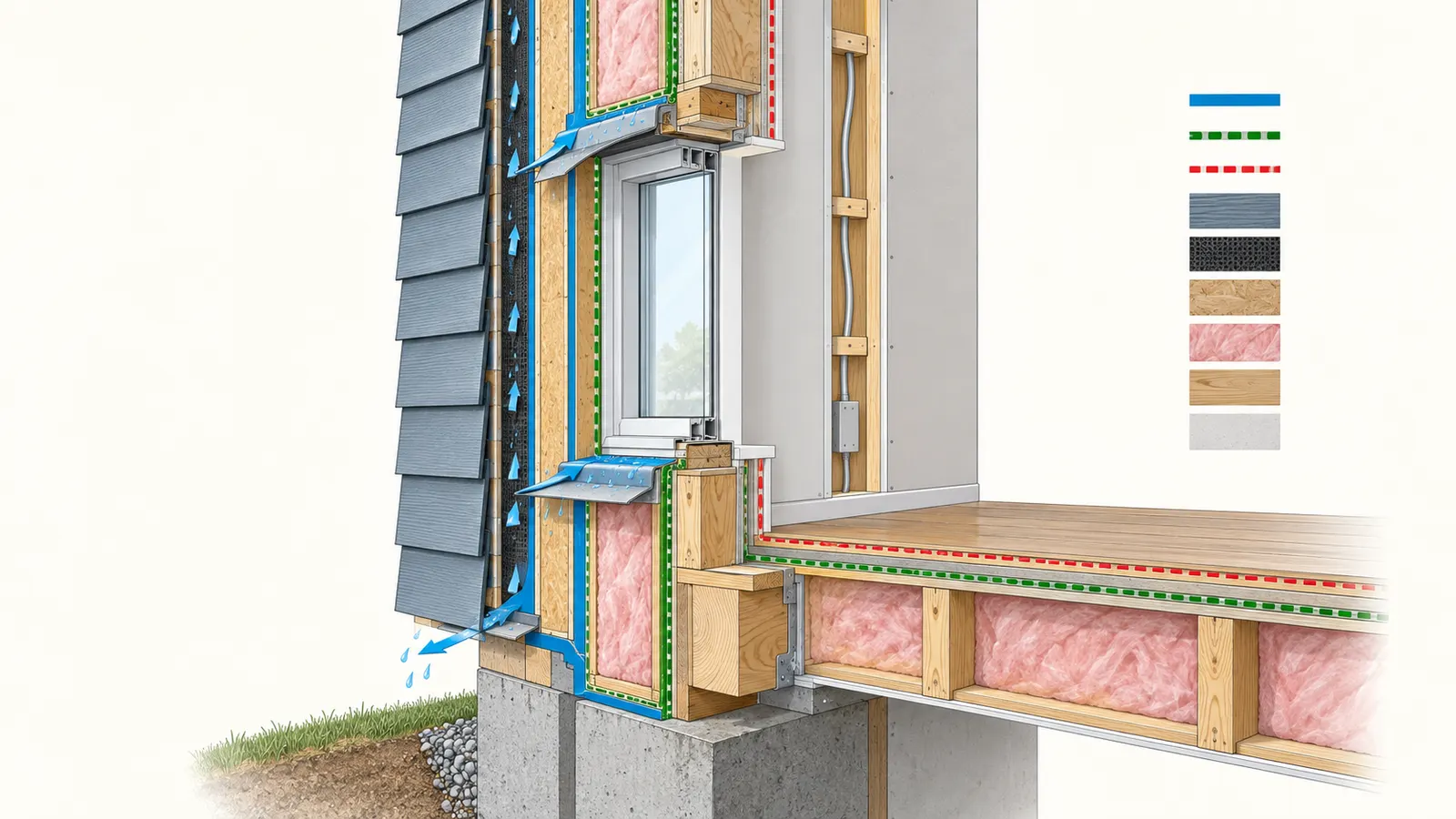 A thick wall cutaway traces air, water, vapor, insulation, drainage, flashing, and service layers through a window and floor transition.