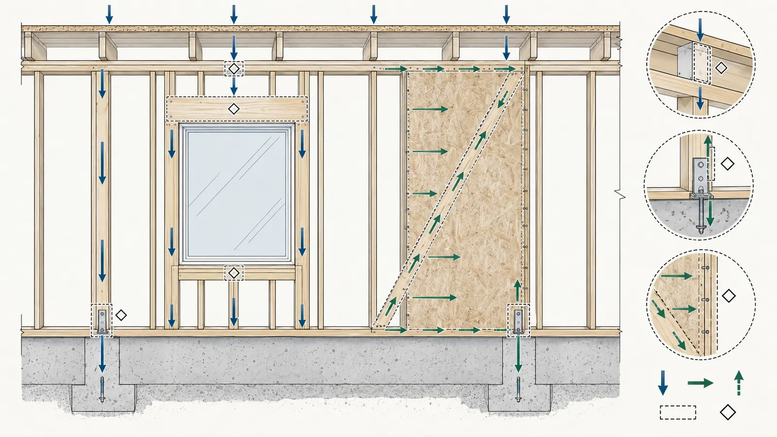 A wall elevation and section trace roof and floor loads around a window opening to the foundation and braced wall segments.