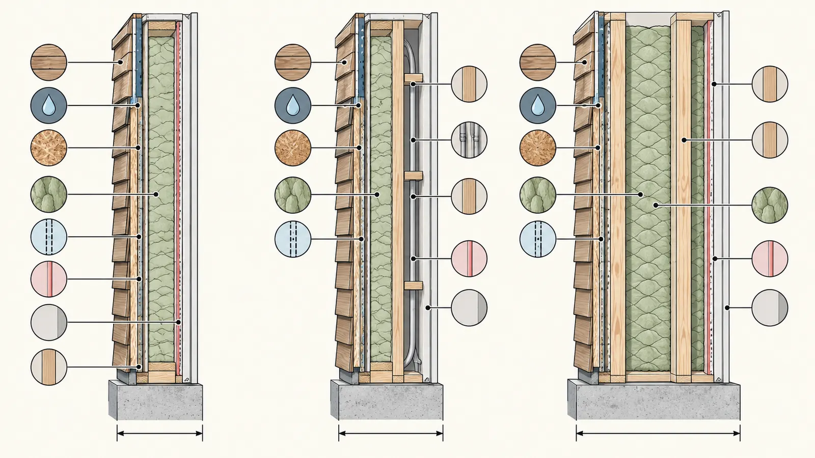 Three labeled wall cutaways compare conventional, advanced, and double-stud framing with structure, insulation, and control layers.