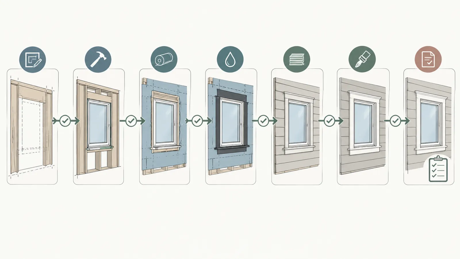 Window and door trim handoff sequence with pre-concealment and closeout checks