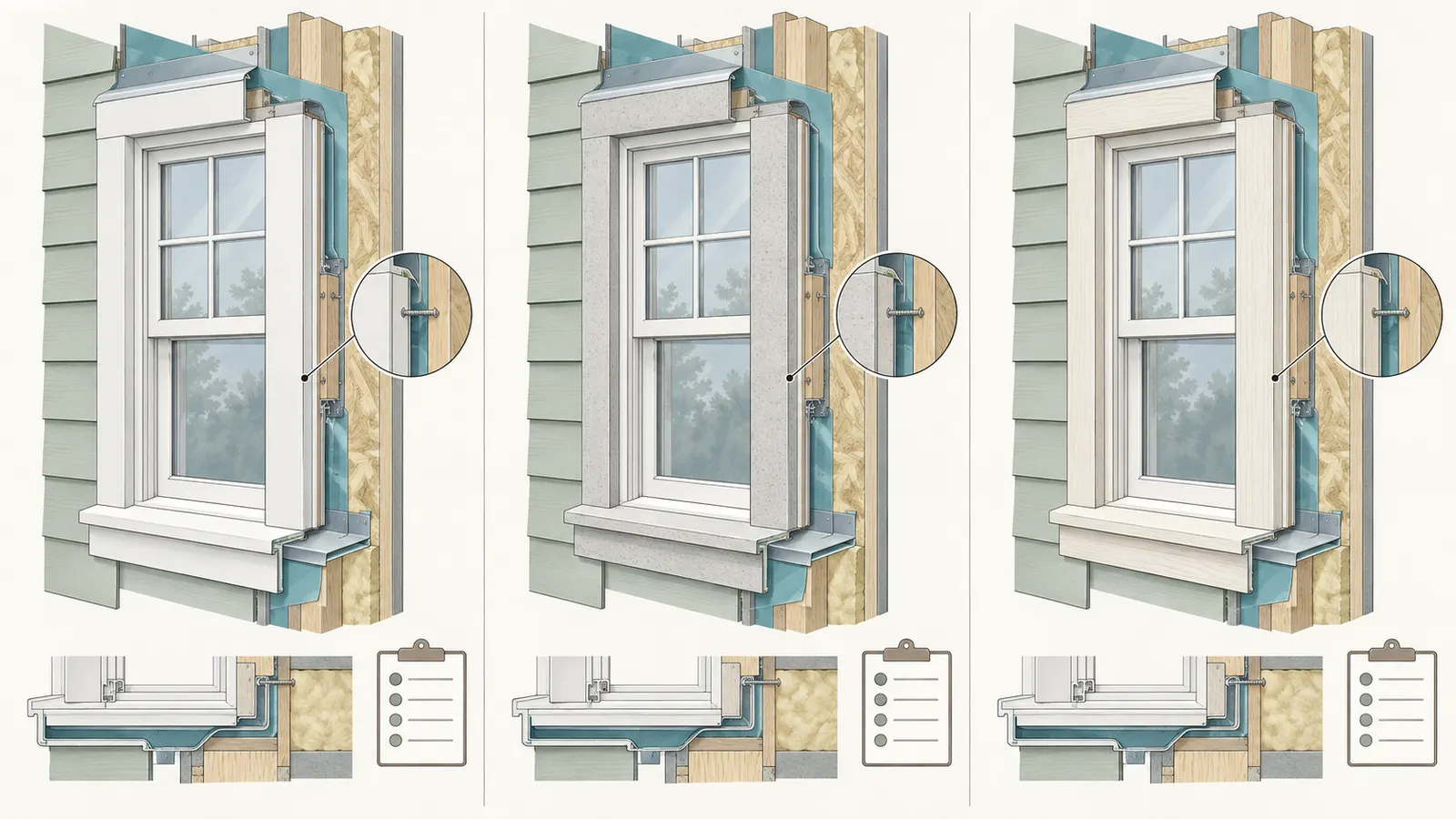 Three exterior trim systems compared at the same window opening